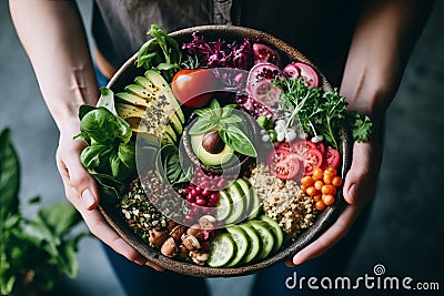 Image of a woman assembling a colorful Buddha bowl, with a variety of proteins ,vegetables and grains. Generative Ai Stock Photo