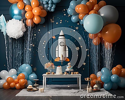 The interior has a cute Rocket anniversary smash cake backdrop. Cartoon Illustration