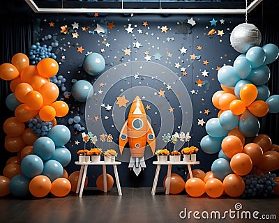 The interior has a cute Rocket anniversary smash cake backdrop. Cartoon Illustration