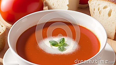 An Image Of A Wonderfully Atmospherical Soup With A Sprig Of Basil AI Generative Stock Photo