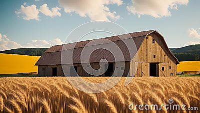 An Image Of A Wonderfully Vibrant Photo Of A Barn In A Wheat Field Stock Photo