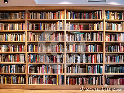 Image of wooden book shelf with books Stock Photo