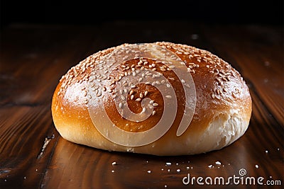 Image Wooden table elegance freshly baked bread with sesame seeds texture Stock Photo