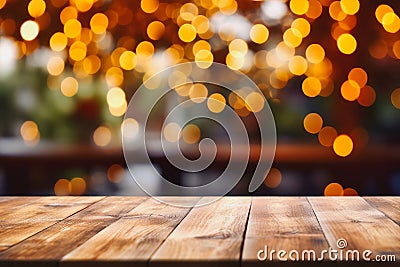 Image of wooden table in front of abstract blurred restaurant lights background Stock Photo