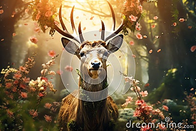 woodland graceful deer with antlers adorned in moss and flowers magical fairytale world Stock Photo