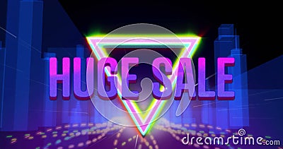 Image of the words Huge Sale in purple letters with moving rainbow coloured triangles and cityscape Stock Photo