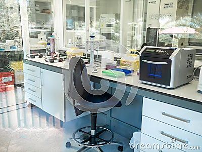 Image of working table in modern medical laboratory with special equipment Stock Photo