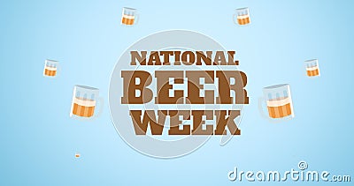 Image of world beer week text and multiple pint of beer over blue background Stock Photo