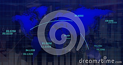 Image of world map and coordinates in navy digital space Stock Photo