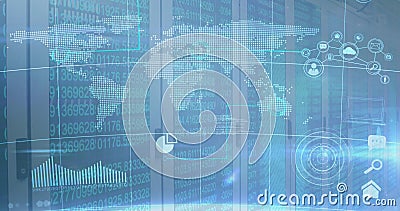 Image of a world map with graphs over an empty server room Stock Photo