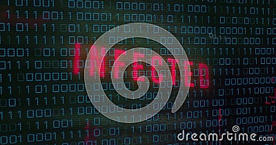 Image of x mark over infected text, circuit board pattern, binary codes against black background Stock Photo