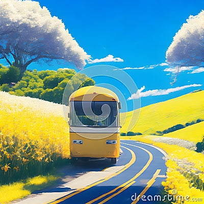 image of the yellow flower field,bus along the road, bright sky and sparkling yellow sun in the Japanese style art. Stock Photo