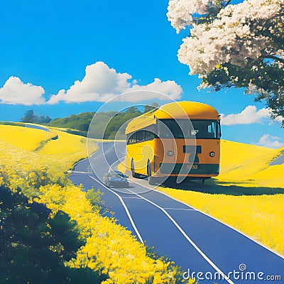 image of the yellow flower field,bus along the road, bright sky and sparkling yellow sun in the Japanese style art. Stock Photo