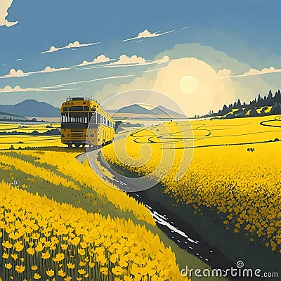 image of the yellow flower field,bus along the road, bright sky and sparkling yellow sun in the Japanese style art. Stock Photo