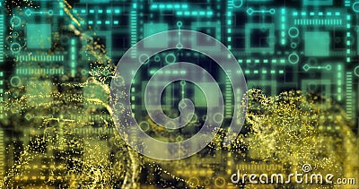 Image of yellow mesh, data processing over computer circuit board Stock Photo