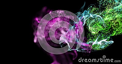Image of yellow, pink and white vapours moving on black background Stock Photo