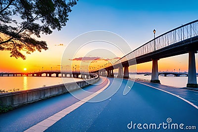 you can walk alone or cycling at the sunset brigde made with Generative AI Stock Photo