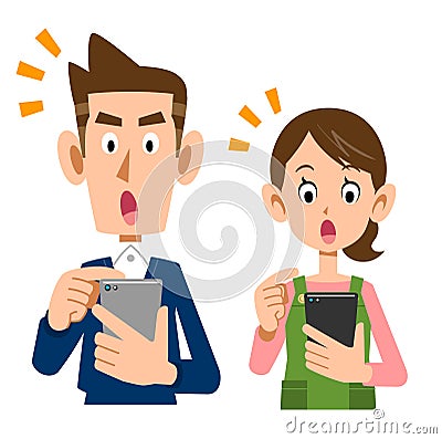 A young couple operating a smartphone with a noticed face Vector Illustration