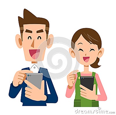 A young couple operating a smartphone with a smile Vector Illustration