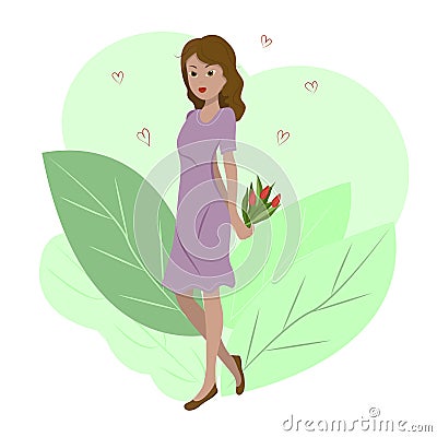 Image of a young girl with long hair in a lilac dress and with a bouquet of flowers. Illustration for Valentine`s Day. Vector Illustration