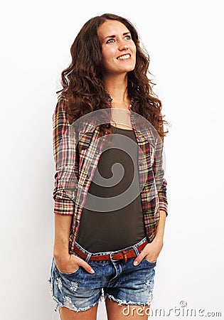 Image of young happy woman looking up over white backgroung Stock Photo