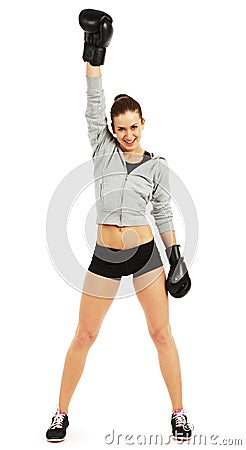 Image of young pretty boxer woman standing and holding hand up Stock Photo