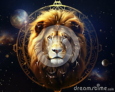 The Zodiac sign of the fantasy lion has a golden decoration. Cartoon Illustration