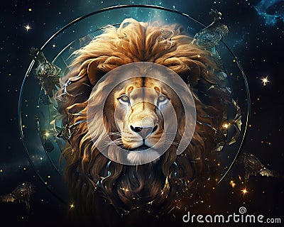 The Zodiac sign of the fantasy lion has a golden decoration. Cartoon Illustration