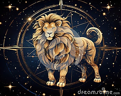 The Zodiac sign of the fantasy lion has a golden decoration. Cartoon Illustration