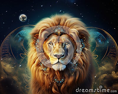 The Zodiac sign of the fantasy lion has a golden decoration. Cartoon Illustration
