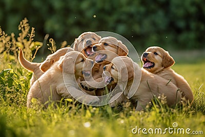 A group of golden retriever puppies playfully tumbling over one another in a grassy field, joyful expressions , ai generative Stock Photo