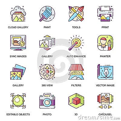 Images gallery flat icons set. Auto enhance Vector Illustration