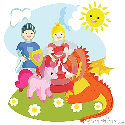 Images of a knight, a princess, a unicorn, and dragon. Vector Illustration