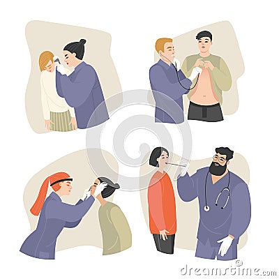 Images of otolaryngologists examining patients. Doctors at work Vector Illustration
