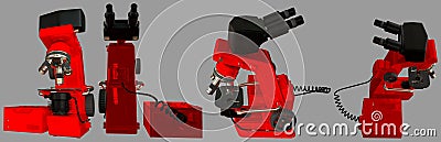 Images of red scientific microscope with cpu block of fictive design isolated on grey - photorealistic 3d illustration of object, Cartoon Illustration