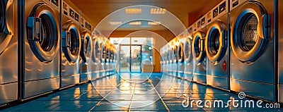 Images of selfservice laundry facilities featuring industrial washing machines and dryers. Concept Laundromat interior, Industrial Stock Photo