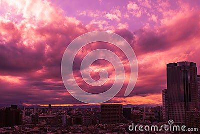 Images of sky, clouds, city and buildings, from daytime to sunset Editorial Stock Photo