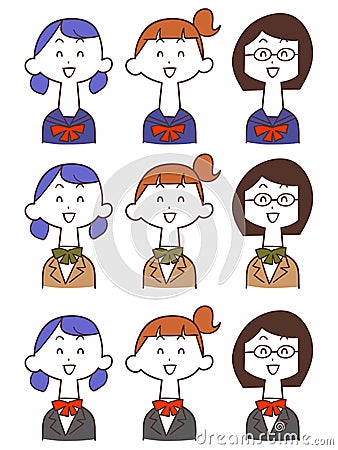 Three smiling students in three different uniforms Vector Illustration