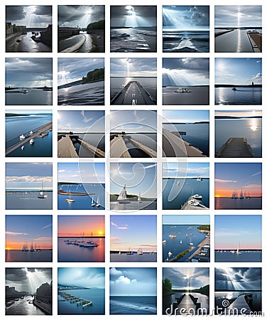 Images of water boats quays made using the latest AI Image Generation technology. Stock Photo