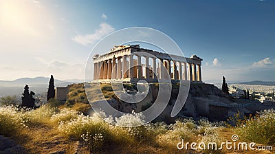 Imaginary Acropolis hill in Athens, Greece, with magestic Parthenon temple, AI generative Stock Photo