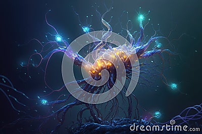Imaginary astrocyte, glial cell or large centient neuron, close-up 3D view, AI generative Cartoon Illustration