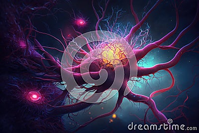 Imaginary astrocyte, glial cell or large centient neuron, close-up 3D view, AI generative Cartoon Illustration