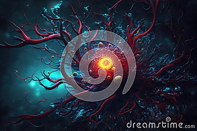 Imaginary astrocyte, glial cell or large centient neuron, close-up 3D view, AI generative Cartoon Illustration