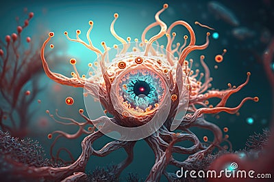 Imaginary astrocyte, glial cell or large centient neuron, close-up 3D view, AI generative Cartoon Illustration
