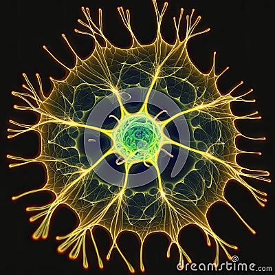 Imaginary astrocyte, glial cell or large neuron in cell culture. Close-up on symmetrical flat cultured cell. AI generative Cartoon Illustration