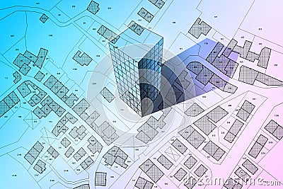 Imaginary cadastral map of territory with building in the center - land registry concept illustration - Note: the map background Cartoon Illustration