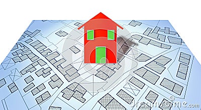 Imaginary cadastral map of territory with buildings, roads and land parcel - concept image with a small red house Stock Photo