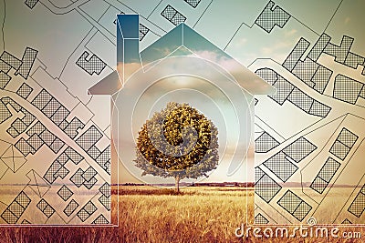 Imaginary cadastral map of territory with buildings, roads and land parcel with an home silhouette and green tree in a field - Stock Photo