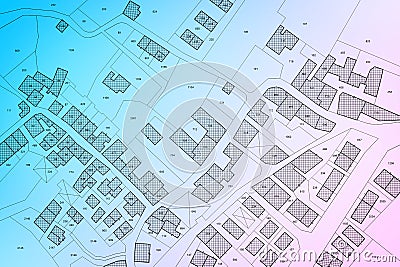 Imaginary cadastral map of territory with buildings, roads and land parcel - land registry concept illustration - Note: the map Cartoon Illustration