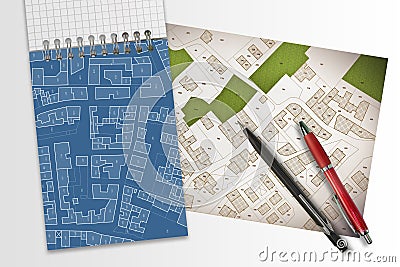 Imaginary cadastral map of territory with buildings, roads and land parcel - land registry concept Cartoon Illustration